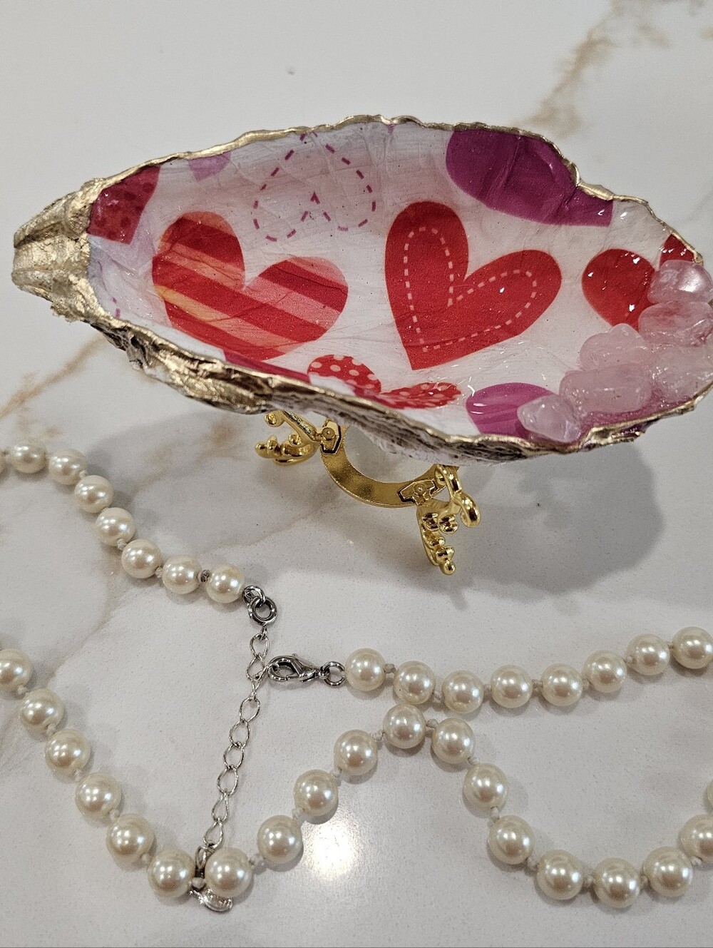 Decoupaged Handmade Oyster Shell Red Heart Print Trinket Ring Jewelry Holder